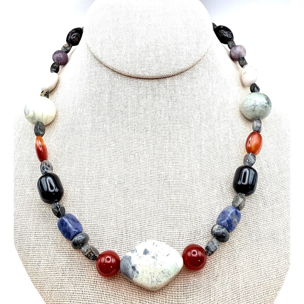 Jay King DTR 925 Sterling Multi Stone Bead Necklace Jasper Onyx Carnelian 18"